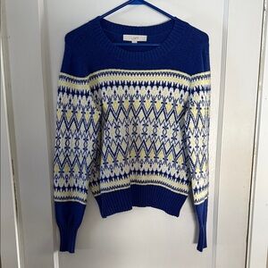 LOFT Women's Blue and Yellow Geometric Sweater